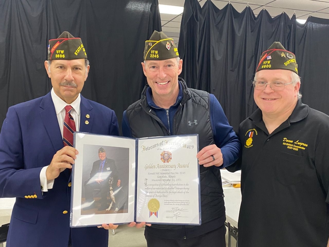 Ron Hill Memorial VFW Post Commander Mike Magnetta received 50th Anniversary Award from Illinois JVC Bret Nilla and 5th Dist Cmdr Dwane Lundgren